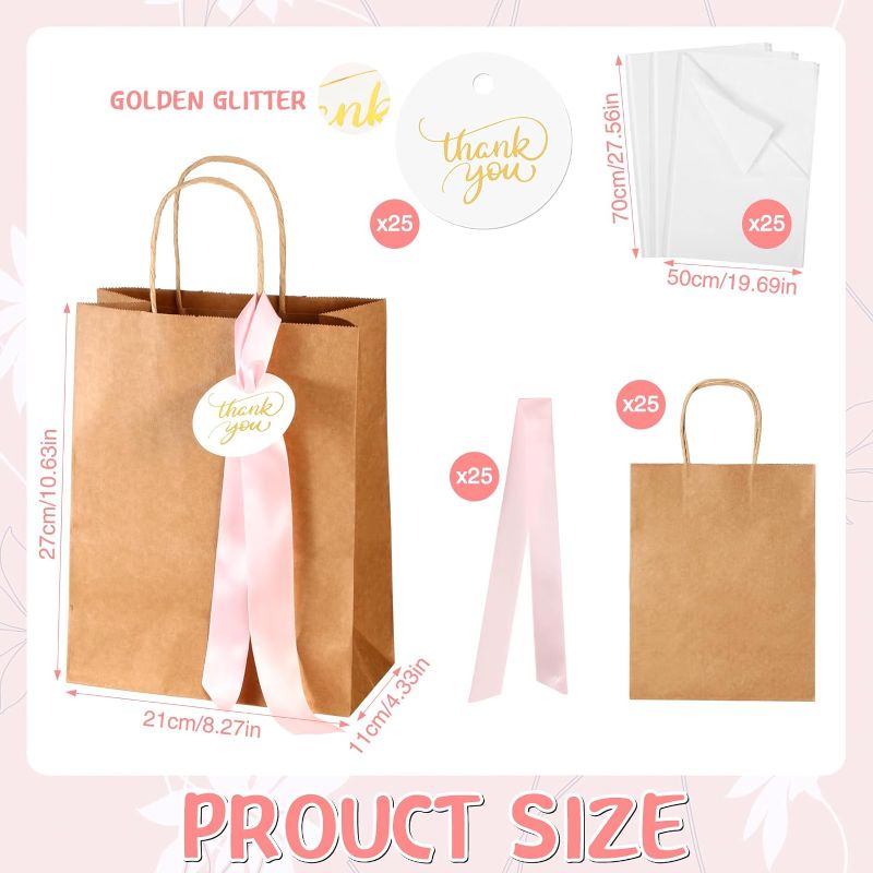 Photo 1 of 25 Sets Wedding Thank You Gift Bags with Blush Ribbon Thank You Cards White Tissue Paper 8.3 x 4.3 x 10.6 Inch Kraft Paper Gift Bags with Handles for Wedding Bridal Birthday Guest Party Favor
