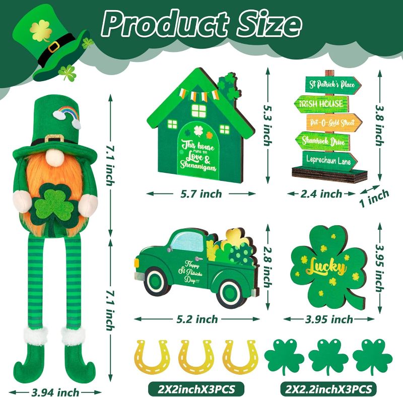 Photo 1 of 11 PCS St Patricks Day Decorations, St Patrick's Day Tiered Tray Ornaments, Shamrock Wood Table Signs Set, Irish Lucky Gnomes Doll Truck Clover Decor Centerpieces for Tabletop Fireplace Shelf Home
