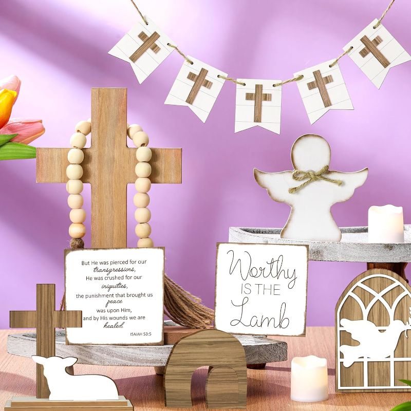 Photo 1 of 16 Pcs Easter Tiered Tray Decor with LED Lights He is Risen Wooden Jesus Tray Decor Religious Rustic Farmhouse Tray Decor Set with Hanging Cross Signs for Home Church Table