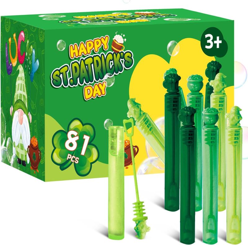 Photo 1 of 81Pcs St Patricks Day Bubble Wands, Mini Bubble Wands for Saint Paddy Day Party Favors, Irish Green Gift Toys for Girls Boys Kids Toddler Adults, Party Bag Stuffers Goodie Bag Filler, Classroom Prizes
