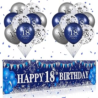 Photo 1 of 18th Birthday Decorations for Boys Girls Blue and Gold, Navy Blue Gold Birthday Yard Banner 18 PCS 18th Happy Birthday Balloons for 18th Anniversary Birthday Party Supplies Indoor Outdoor Yard Decor
