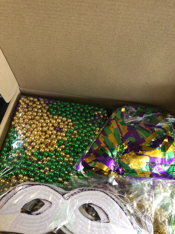 Photo 2 of Chivao 110 Pcs Mardi Gras Party Supplies Set Include 33 inch Mardi Gras Beads Necklace, Sequin Mardi Gras Face Mask Plastic Coins Tinsel Garland for Mardi Gras Party Favor Masquerade Costume Accessory