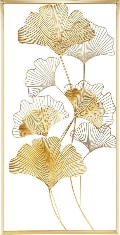 Photo 1 of (NON-REFUNDABLE) Lulu Home Metal Wall Decor, 39" X 20" Golden Ginkgo Leaf Wall Hanging Decor with Frame, Golden Metal Art Wall Sculpture for Living Room, Office, Study, Large
