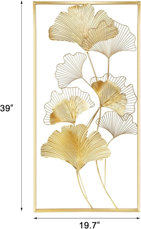 Photo 4 of (NON-REFUNDABLE) Lulu Home Metal Wall Decor, 39" X 20" Golden Ginkgo Leaf Wall Hanging Decor with Frame, Golden Metal Art Wall Sculpture for Living Room, Office, Study, Large
