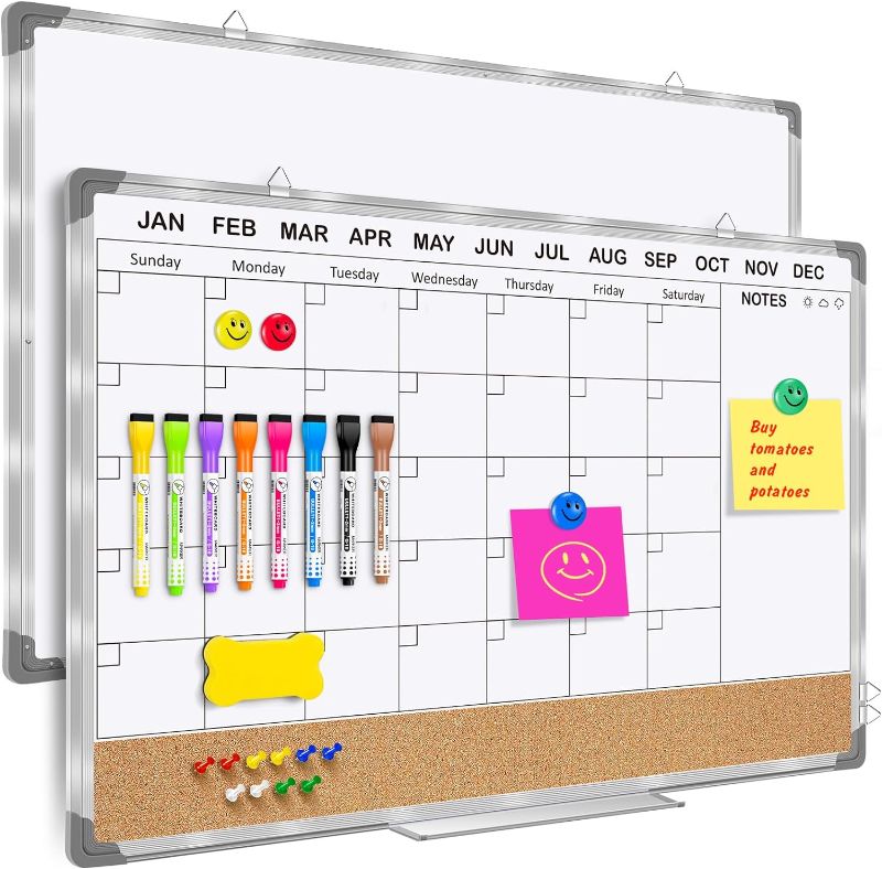 Photo 1 of EAONE Monthly Whiteboard Calendar and Cork Board Combo for Wall, 36" X 24" Double-Sided Magnetic Dry Erase Board, Silver Aluminum Framed Whiteboard for Office, Classroom, Kitchen and Home 36x24