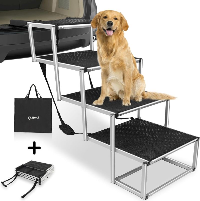 Photo 1 of Extra Wide Dog Stairs for Car, Foldable Dog Ramp for Large Dogs with Non-Slip Surface, Folding Portable Dog Steps Dog Stairs for Cars SUV, High Beds & Trucks, Supports up to 250 lbs, 4 Steps