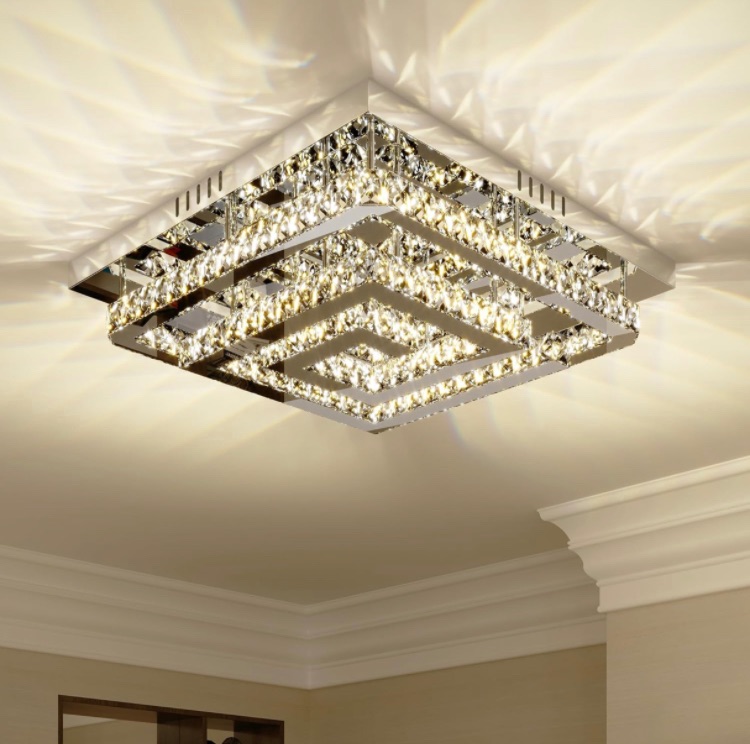 Photo 1 of 24" Large Elegant Crystal Chandelier, Modern Led 3 Color Dimmable Ceiling Light 2 Layers Square Flush Mount Ceiling Lamp for Bedrooms Dining Rooms Living Room Kitchen Staircase Hallway(Dimmable)