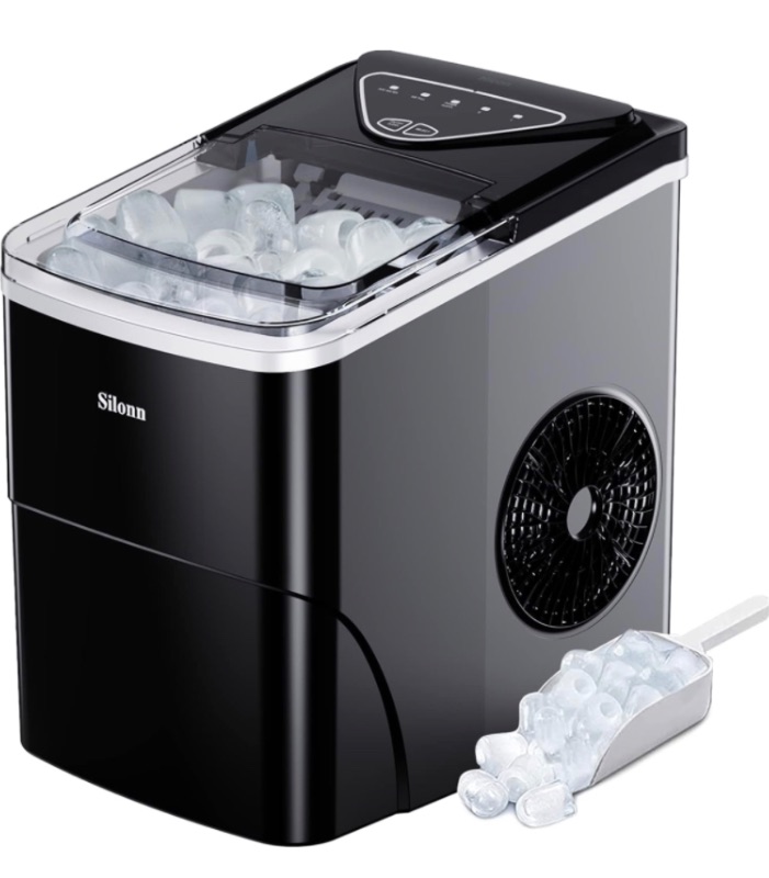Photo 1 of *SEE NOTES* Silonn Ice Maker Countertop, 9 Cubes Ready in 6 Mins, 26lbs in 24Hrs, Self-Cleaning Ice Machine with Ice Scoop and Basket, 2 Sizes of Bullet Ice for Home Kitchen Office Bar Party