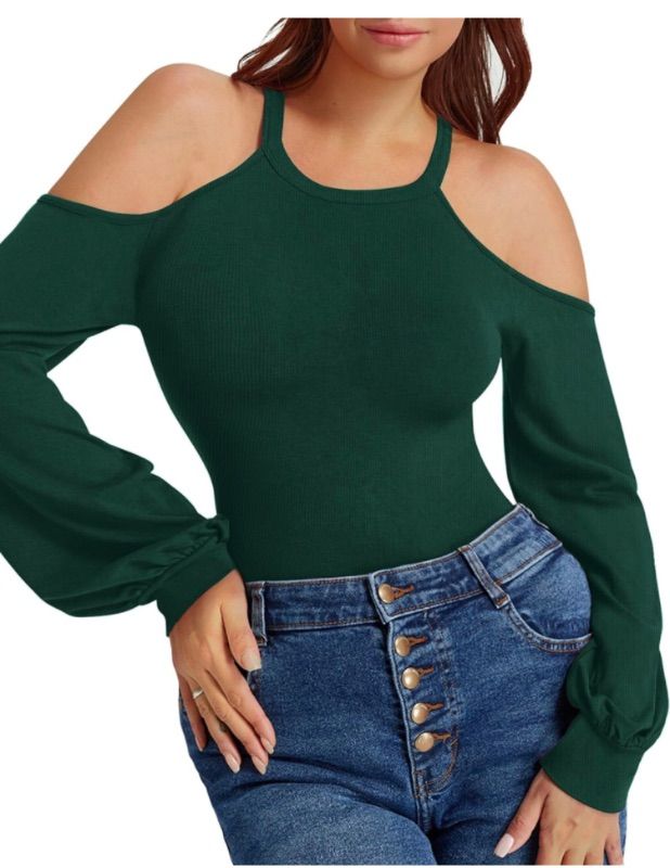 Photo 1 of HERLOLLYCHIPS Womens Puff Long Sleeve Tops Cold Shoulder Fitted Ribbed Shirts SMALL