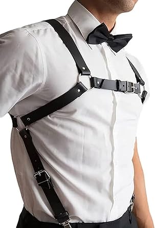 Photo 1 of  Mens Black Leather Armors Suspenders Shoulder Strap Body Chest Harness Chain Belt Adjustable Gay Punk Clubwear Costume
