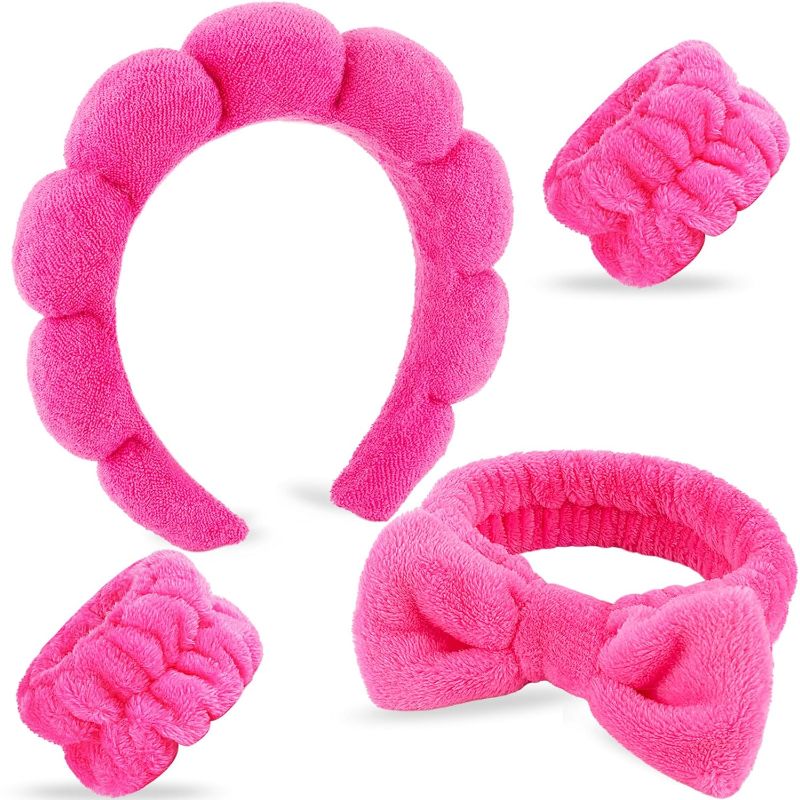 Photo 1 of (2 PACKS OF 4PCS) 4Pcs Spa Headband for Washing Face Wristbands Set Women Bubble Skincare Makeup Sponge Terry Cloth Padded Puffy Headband Bow Tie Hairband Cute Non Slip Thick Hair Accessory Gifts(Hot Pink)
