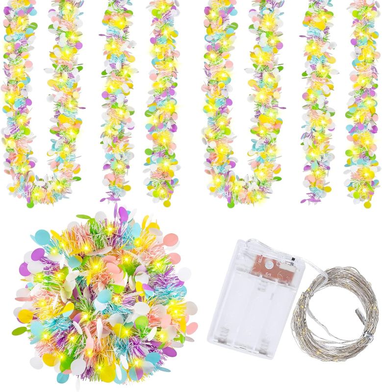 Photo 1 of (3 PACK) Whaline 32.8Ft Easter Tinsel Garland with Light String Colorful Metallic Twist Streamers with Confetti Spring Festooning Garlands Decorative Hanging Tinsel 