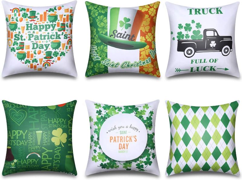 Photo 1 of (2/6 PACKS) Boao 6 Pieces St. Patrick's Day Pillow Covers 18 x 18 Lucky Clover Shamrock Green Throw Pillow Cover Case Truck Plaid Cushion Cover Happy Saint...
