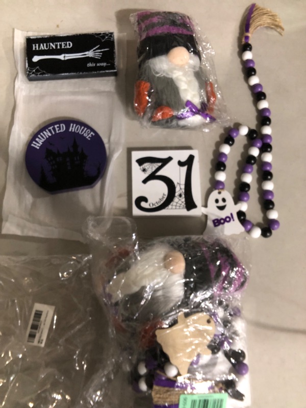 Photo 1 of (2 PACK) Halloween Tiered Tray Decorations - Gnomes, Rustic Farmhouse Buffalo Plaid Wooden Sign, Bead Garland for Home  (Tiered Tray Not Included)  