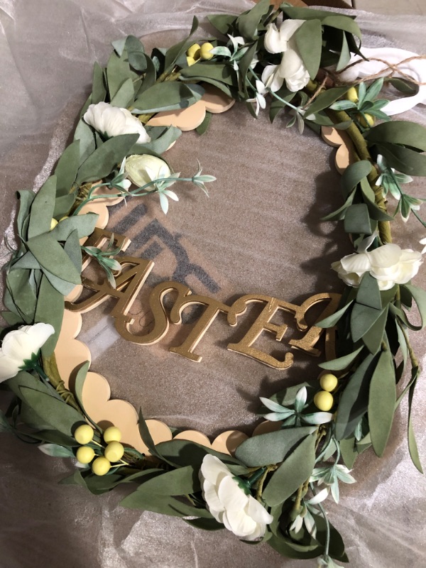 Photo 2 of Easter Wooden Hanging Sign, Rustic Easter Wood Wreath Sign for Spring Holiday, Easter Bunny Rabbit Sign Door Hanger for Front Door Wall Window Home Green Wreath 12Inch