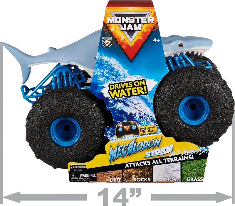 Photo 1 of Monster Jam, Official Megalodon Storm All-Terrain Remote Control Monster Truck for Boys and Girls, 1:15 Scale, Kids Toys for Ages 4-6+
