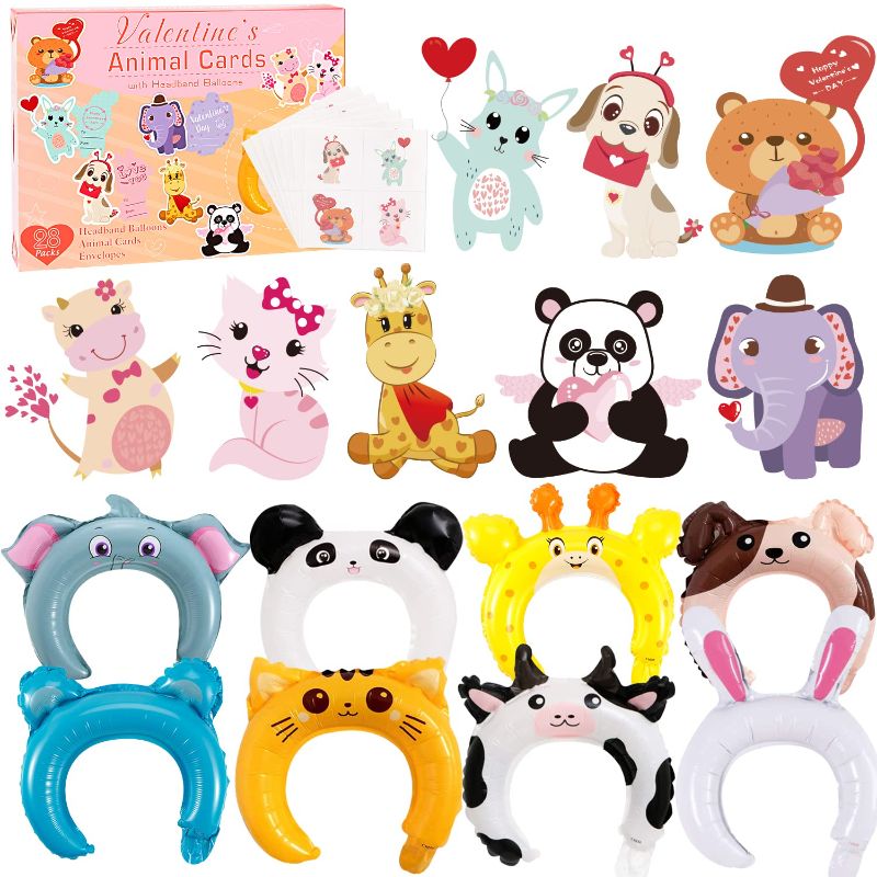 Photo 1 of **NONREFUNDABLE 2 PACK BUNDLE**
Valentines Day Cards For Kids - 28 Valentine Cards + 28 Inflatable Animal Headbands + 28 Gift Envelopes & Tattoos