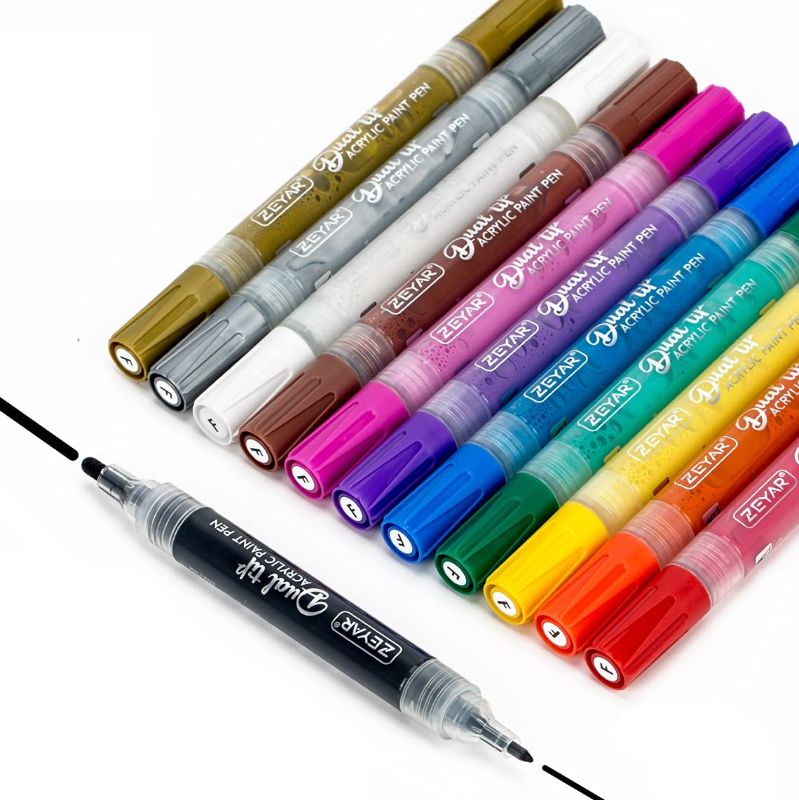 Photo 1 of **NONREFUNDABLE 2 PACK BUNDLE**
ZEYAR Dual Tip Paint Pens, Medium and Extra Fine, Water Based Acrylic & Waterproof Ink, (12 Colors)