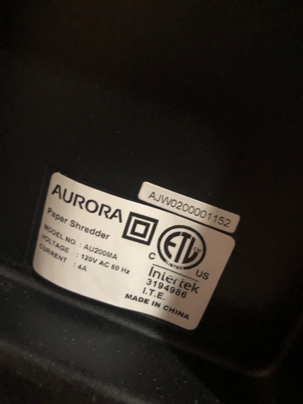 Photo 5 of *FOR PARTS ONLY* READ NOTES
Aurora Commercial Grade 200-Sheet Auto Feed High Security Micro-Cut Paper Shredder/ 60 Minutes/Security Level P-5
