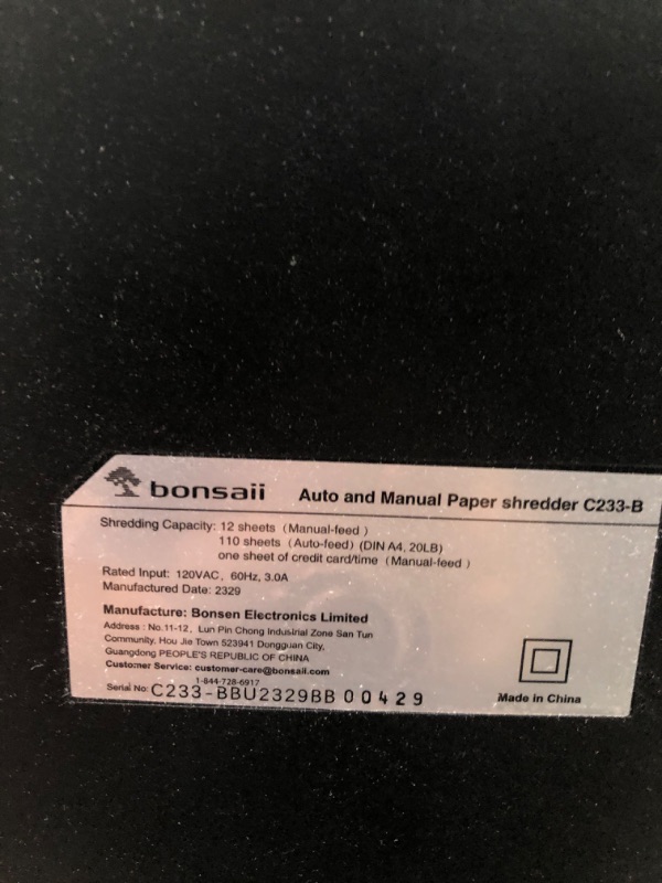 Photo 4 of *FOR PARTS ONLY* READ NOTES
Bonsaii Paper Shredder for Office, 110-Sheet Autofeed & 12-Sheet Manual Micro Cut Heavy Duty Paper Shredder, P-4 Auto Feed Paper and Credit Card Shredder with 4 Casters, 6.1 Gal Transparent Bin C233-B 1 2 Sheet-Autofeed