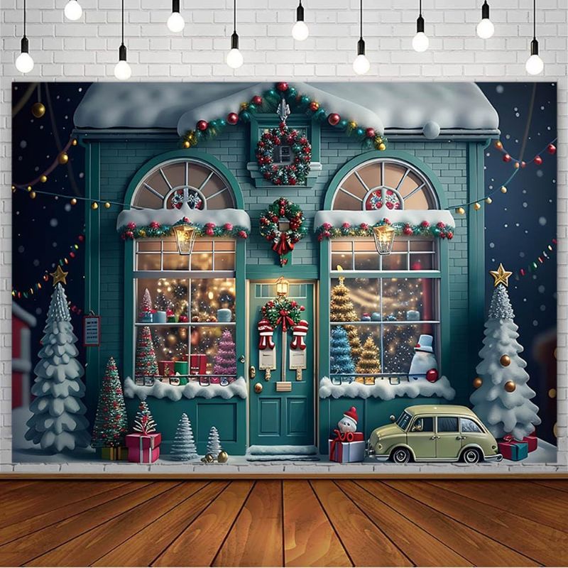 Photo 1 of 8x6ft Winter Christmas Backdrop for Photography Santa's Toy Shop Christmas Store Background Winter New Year Christmas Window Gift Decor Background for Girls Birthday Portrait Photo Studio Props 8x6ft Pink