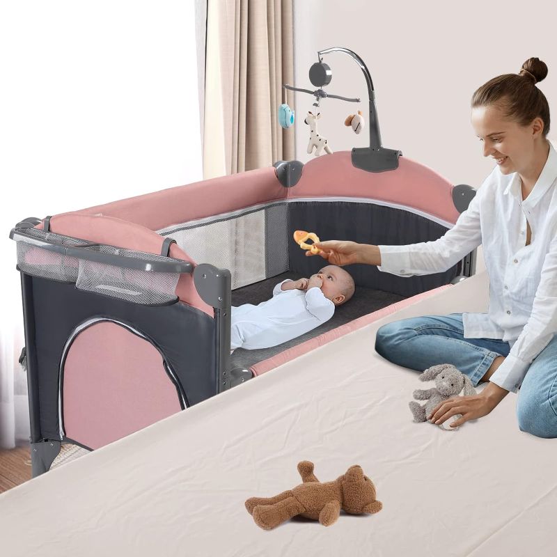 Photo 1 of 5 in 1 Baby Crib,Bedside Sleeper,Baby Bassinet, Bedside Cribs with Mattress, Foldable Baby Playard, Portable Travel Crib for Girl Boy Infant Newborn (Grey)