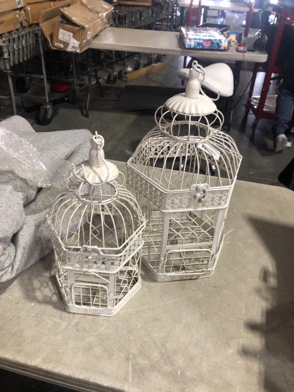 Photo 4 of ***DAMAGED - BENT - WARPED - SEE PICTURES - NO PACKAGING***
Deco 79 Metal Hexagon Birdcage with Latch Lock Closure and Hanging Hook, Set of 2 21", 18"H, Cream