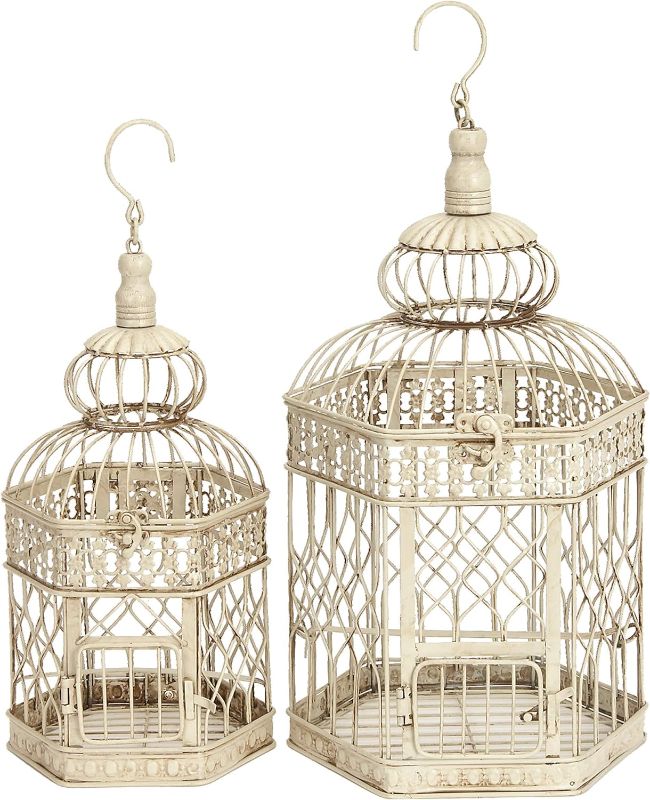 Photo 1 of ***DAMAGED - BENT - WARPED - SEE PICTURES - NO PACKAGING***
Deco 79 Metal Hexagon Birdcage with Latch Lock Closure and Hanging Hook, Set of 2 21", 18"H, Cream