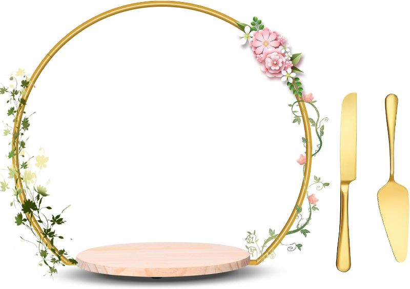 Photo 1 of **MISSING HARDWARE AND MISSING CAKE CUTTING SET** Round Wedding Arch Cake Stand,20" Tall Metal Cake Stand with Wood Cake Stand and Cake Cutting Set,Dessert Display Stand Floral Hoop Centerpiece for Table Wedding Party Reception Decor Supplies