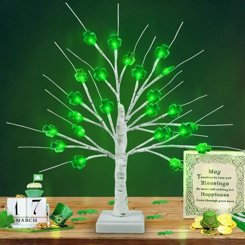 Photo 1 of [Timer] St Patricks Day Decorations 18 Inch Shamrock Tree Lights, USB/Battery Operated Saint Patricks Day Decor Tree with 24 LED Shamrock Lights, 8 Mode St. Patrick's Day Lights for Home Table Party