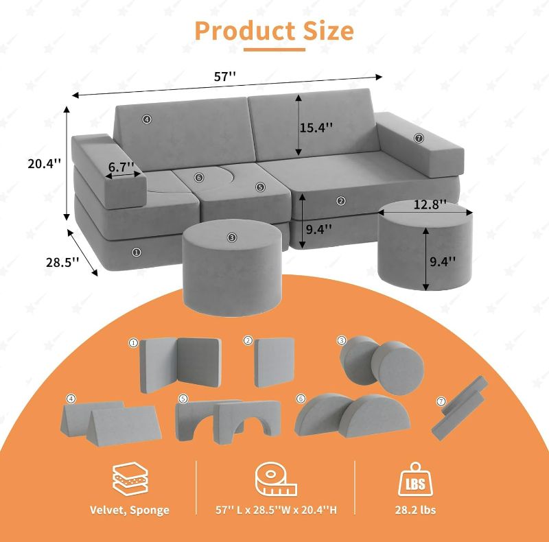 Photo 3 of (NON-REFUNDABLE) Kids Couch 14PCS Modular Play Couch for Toddler Kids Playroom/Bedroom, Foam Kids Sofa Play Set Boost Creativing Playing Sleeping Reading for Boys Girls Teens (Grey)
