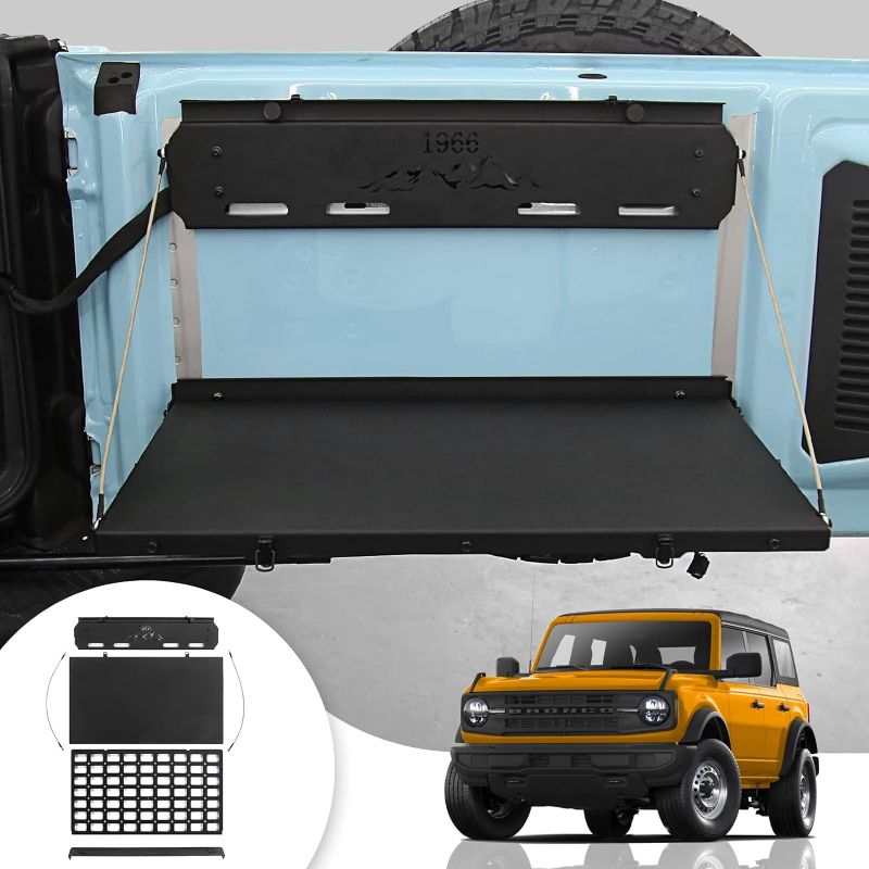 Photo 2 of Maxzina Tailgate Table Compatible with 2021 2022 2023 2024 Ford Bronco Tailgate Table with Molle Panel Foldable Cargo Shelf Grid Plate Bronco Accessories 4 Door 2 Door