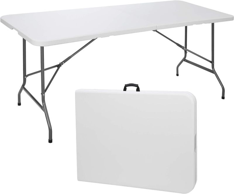 Photo 1 of SUPER DEAL 6FT Folding Picnic Table for Outdoor, Portable Fold-in-Half Plastic Dining Picnic Party Table with Carrying Handle