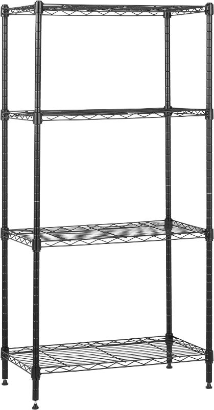 Photo 1 of Amazon Basics 4-Shelf Narrow Adjustable Storage Shelving Unit, 200 Pound Loading Capacity per Shelf, Steel Organizer Wire Rack, 13.4"D x 23.2"W x 48"H, Black

