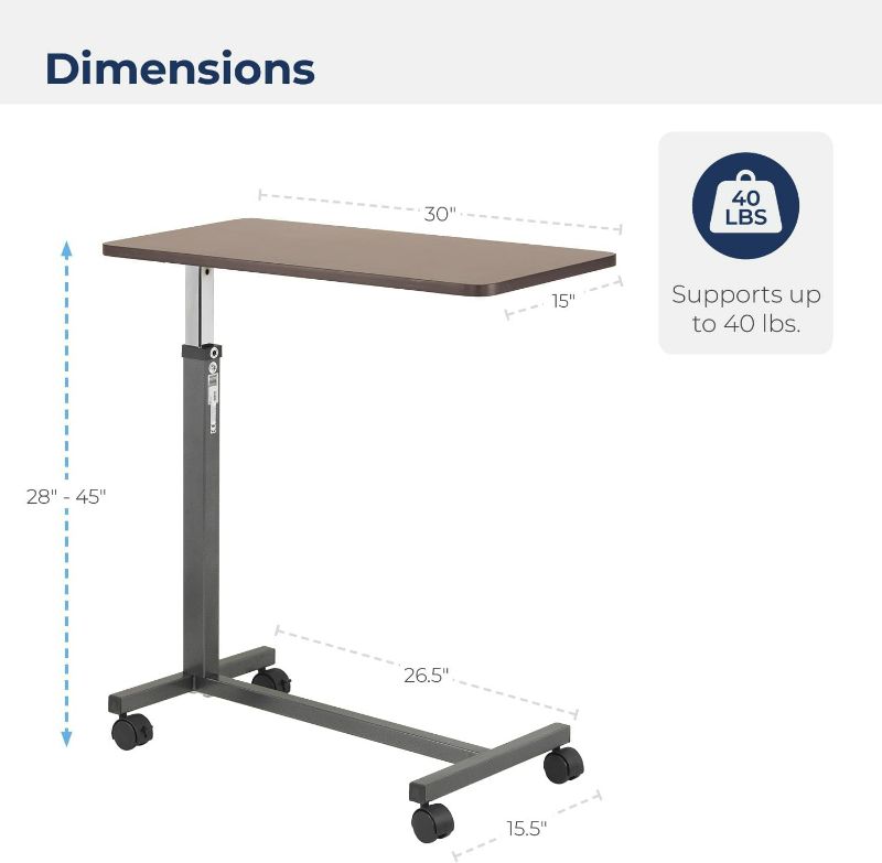 Photo 4 of (NON-REFUNDABLE) Drive Medical 13067 Adjustable Non Tilt Top Overbed Table With Wheels for Hospital and Home Use, Standing Desk, Walnut
