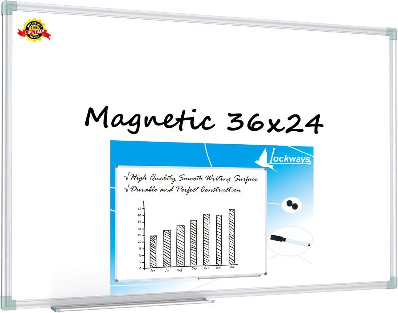 Photo 1 of Lockways Magnetic Dry Erase Board, 36 x 24 Inch Magnetic Whiteboard White Board, 1 Dry Erase Markers, 2 Magnets for School, Home, Office