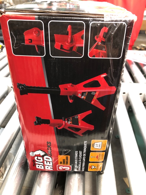 Photo 3 of BIG RED T43202 Torin Steel Jack Stands: 3 Ton (6,000 lb) Capacity, Red, 2 Count (Pack of 1) & MAXXHAUL 70472 Solid Rubber Heavy Duty Black Wheel Chock 2-Pack, 8" x 4" x 6" 2 count (pack of 1) Stands + Black Wheel Chock 2-Pack