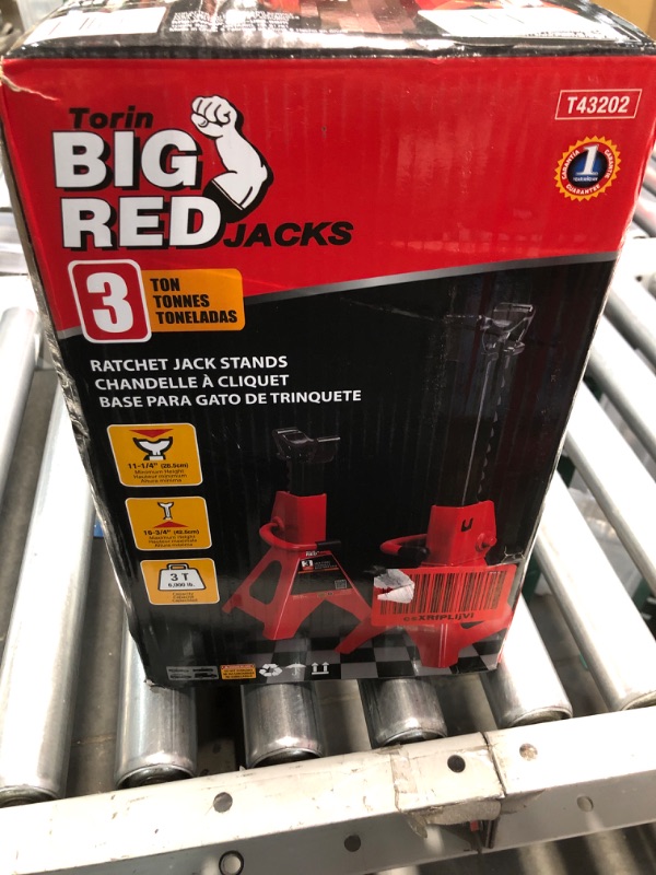 Photo 2 of BIG RED T43202 Torin Steel Jack Stands: 3 Ton (6,000 lb) Capacity, Red, 2 Count (Pack of 1) & MAXXHAUL 70472 Solid Rubber Heavy Duty Black Wheel Chock 2-Pack, 8" x 4" x 6" 2 count (pack of 1) Stands + Black Wheel Chock 2-Pack