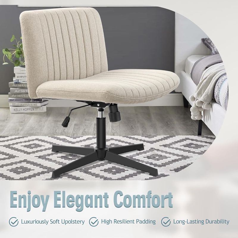 Photo 1 of ***USED - DIRTY - PREVIOUSLY ASSEMBLED - NO PACKAGING***
Armless Office Chair no Wheels, Ergonomic Wide Seat Swivel Desk Chair, Height Adjustable Cross Legged Comfortable Computer Chair for Living Room, Vanity Accent Chair Beige