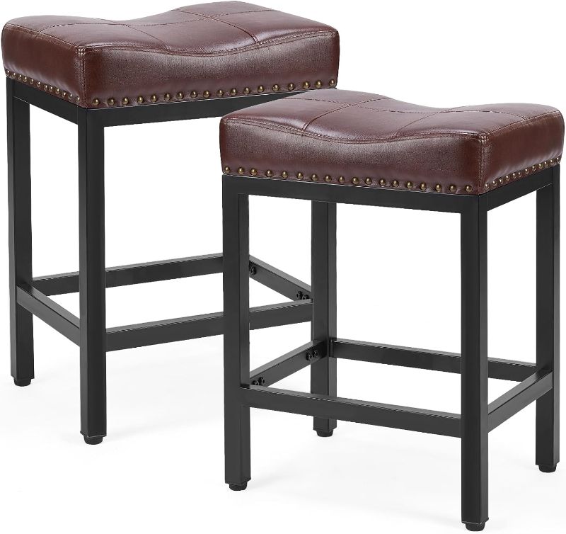 Photo 1 of (READ FULL POST) Sweetcrispy Bar Stools Set of 2 24 inch Counter Height Bar Stools, Upholstered Modern Kitchen Barstools with Metal Base, PU Leather Saddle Stools for Kitchen Island, Black