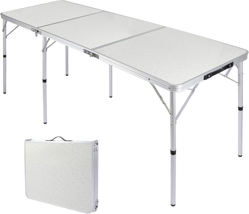 Photo 1 of **TABLE IS PINK**  3Ft x 15.5in Folding Table Adjustable Height Camping Table Aluminum Portable Table with Handle Tri-fold Outdoor Table Picnic BBQ Party White