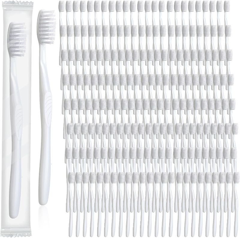 Photo 1 of 100 Pcs Disposable Toothbrushes Individually Wrapped Soft Bristle Tooth Brush Set Travel Toothbrushes Bulk for Adults Kids Oral Hygiene Dental Care Camping Guestroom School Hotel (Orange)