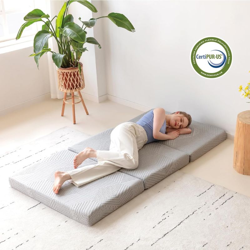 Photo 3 of Tri-Fold Memory Foam Mattress, 4 inch Single Folding Mattress with Collapsible and Washable Cover, Travel and Guest Mat, 75"×25"×4", Grey