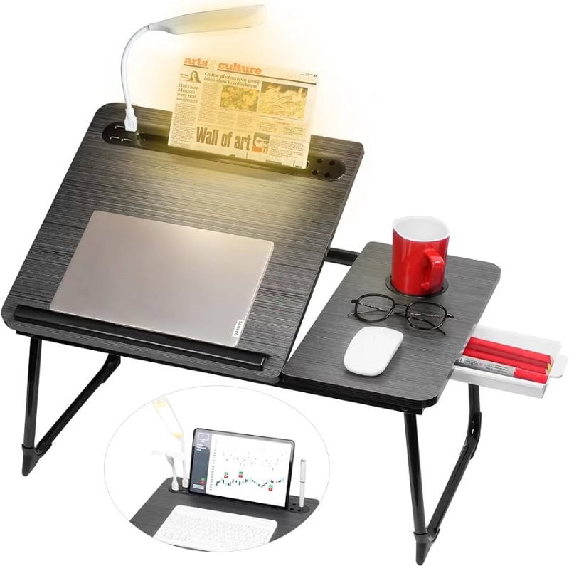 Photo 1 of Plus XL Adjustable Laptop Desk with Light, USB Port, iPad Holder, Drawer Storage - Larger 23.6IN Size - Adjustable Lap Desk for Bed, Home Office, Breakfast Tray, Fordable Legs Desk (Black)