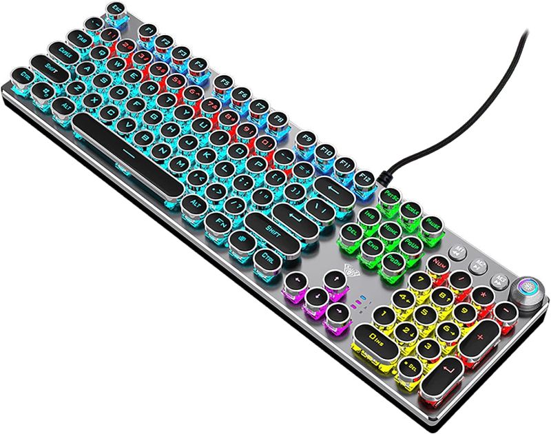 Photo 1 of  Typewriter Style Mechanical Gaming Keyboard.LED Rainbow Backlit,104 Keys,Retro Punk Round Keycaps with Brown Switch,Wired with USB-A,for PC/Mac/Laptop