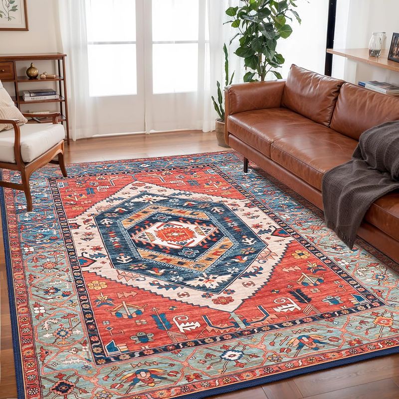 Photo 1 of  Area Rug Rust, Washable Large Rugs for Living Room, Ultra Soft Non-Slip Bedroom Rug Print Distressed Vintage