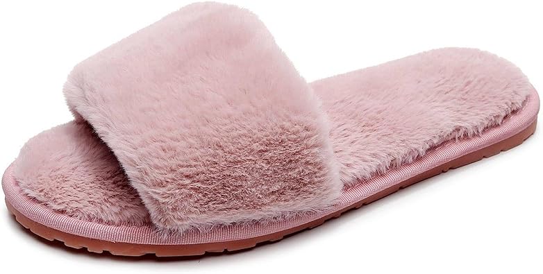 Women's Fuzzy Fluffy Furry Fur Slippers Flip Flop Open Toe Cozy House ...