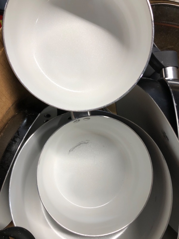 Photo 1 of *SEE PICS/NOTES* Oster Herstal Aluminum Cookware Set with Ceramic Non-Stick and Soft Touch Bakelite Handle with Tempered Glass Lids, 11-Piece, Black w/White Interior