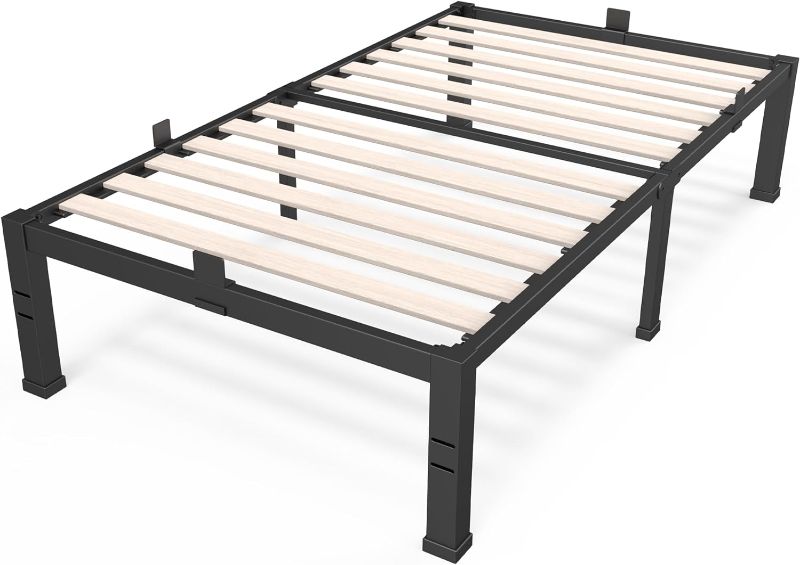 Photo 1 of  ROIL 14 inch Twin Bed Frames with Wide Wood Slats - 3500lbs Heavy Duty No Box Spring Needed Platform for Foam Mattress Single Metal Noise Free Bedframe with Headboard Hole Underneath Storage Twin 14 Inch