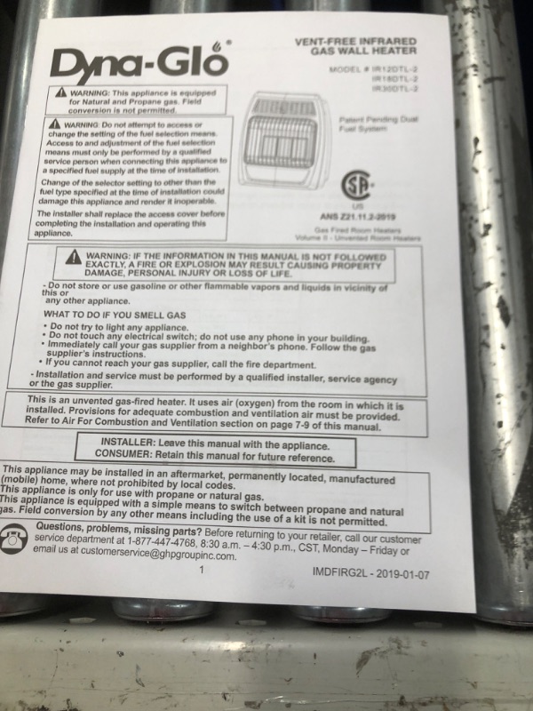 Photo 6 of ***USED - LIKELY MISSING PARTS - UNABLE TO VERIFY FUNCTIONALITY***
Dyna-Glo 12000-BTU Wall-Mount Indoor Natural Gas Vent-Free Radiant Heater